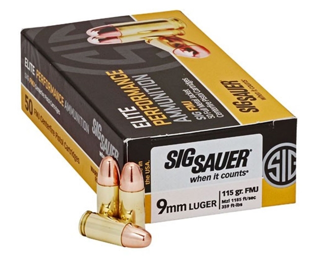 Picture of Sig Sauer Elite Performance Pistol Ball Ammo 9Mm, Fmj, 115 Gr, 1185 Fps, 50 Rnd, Boxed E9MMB1-50