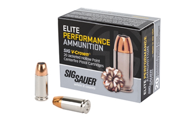 Picture of Sig Sauer E9mma320 Elite Performance  9Mmluger 147Gr V-Crown Jacketed Hollow Point 20 Per Box/10 Case E9MMA3-20 798681501748