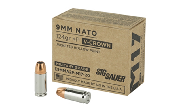 Picture of Sig Sauer E9mma2pm1720 Military Grade M17 9Mmluger+P 124Gr V-Crown Jacketed Hollow Point 20 Per Box/10 Case E9MMA2P-M17-20 798681600137