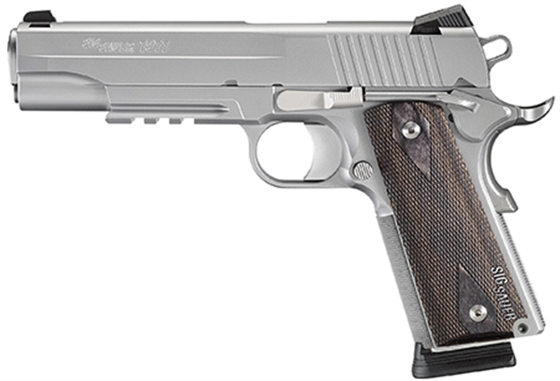 Picture of Sig Sauer 1911R45sssca 1911 Full Size *Ca Compliant 45 Acp Caliber With 5" Barrel, 8+1 Capacity, Overall Stainless Steel Finish, Picatinny Rail/Beavertail Frame, Serrated Slide & Blackwood Grip 1911R-45-SSS-CA