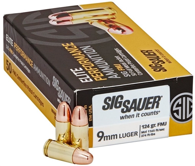 Picture of Sig Sauer Elite Performance Pistol Ball Ammo 9Mm, 124Gr, Fmj, 1165Fps, 50 Rnd, Boxed E9MMB2-50
