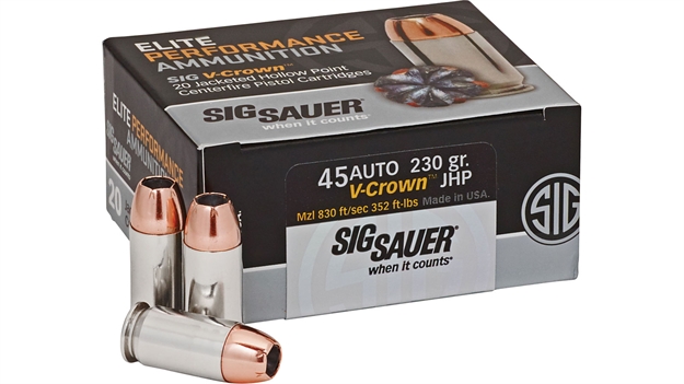 Picture of Sig Sauer E45ap220 Elite Performance  45Acp 230Gr V-Crown Jacketed Hollow Point 20 Per Box/10 Case E45AP2-20 798681501687