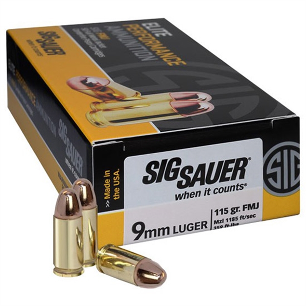Picture of Sig Sauer Elite Performance Pistol Ball Ammo 9Mm, Fmj, 115 Gr, 1185 Fps, 50 Rnd, Boxed E9MMB1-50