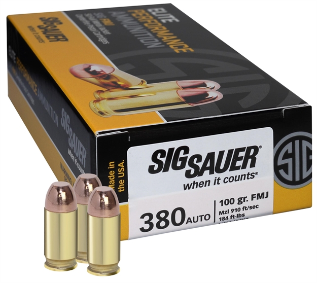 Picture of Sig Sauer Elite Performance Pistol Ball Ammo 380 Acp, Fmj, 100 Gr, 910 Fps, 50 Rnd, Boxed E380B150