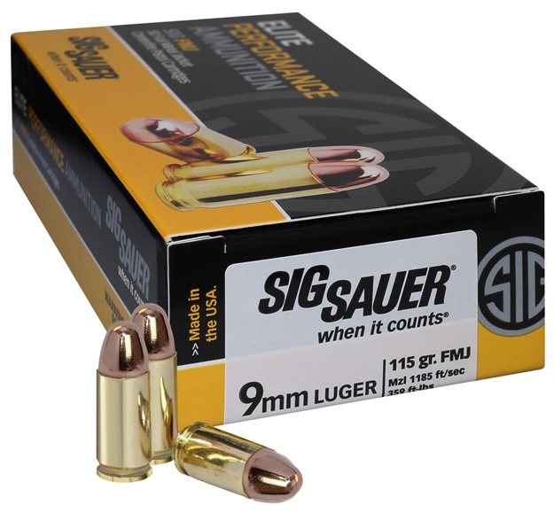 Picture of Sig Sauer Elite Performance Pistol Ball Ammo 9Mm, Fmj, 115 Gr, 1185 Fps, 50 Rnd, Boxed E9MMB1-50