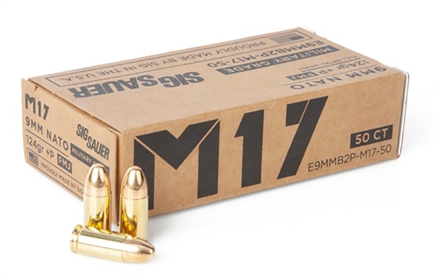 Picture of Sig Sauer E9mmb2pm1750 Military Grade M17 9Mmluger+P 124Gr Full Metal Jacket 50 Per Box/20 Case E9MMB2P-M17-50 798681600144