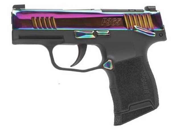 Picture of  Sig Sauer 365380Rbtms P365  Micro-Compact 380 Acp 10+1 3.10" Black Carbon Steel Barrel, Rainbow Titanium Optic Ready/Serrated Slide, Black Steel Frame W/Rainbow Accents, Black Polymer Grips