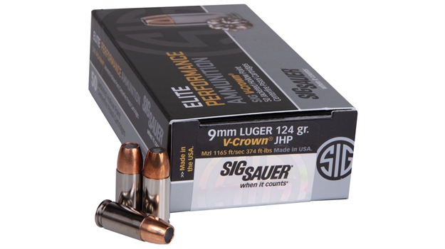 Picture of Sig Sauer E9mma250 Elite Performance  9Mmluger 124Gr V-Crown Jacketed Hollow Point 50 Per Box/10 Case E9MMA2-50