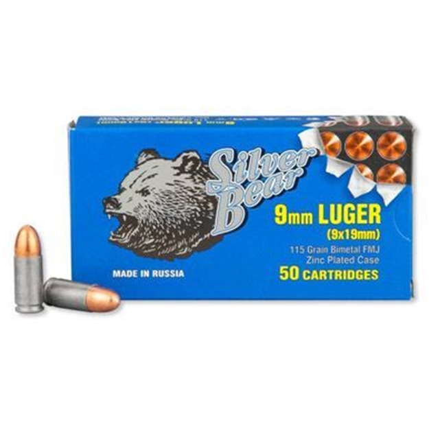 Picture of Silver Bear 9Mm Full Metal Jacket Zinc Plated Steel Case, 115 Grain, 1233 Fps, 50 Round Box