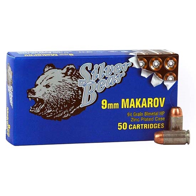 Picture of Silver Bear Bear 9X18 Makarov 94Gr. Jhp Zinc Plated Case 50-Pk