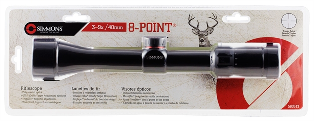 Picture of Simmons 560513 8 Point Riflescope 3-9X 40Mm Obj 31.4-10.5 FT @ 100 Yds Fov 1" Tube Black Matte Finish Truplex