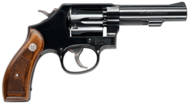 Picture of Smith & Wesson 10 Classic Revolver 38 Spl, 4 In, Wood Grp, 6 Rnd, Blk Blade Front & Fixed Rear, Medium Blued Frame 150786 022188142358