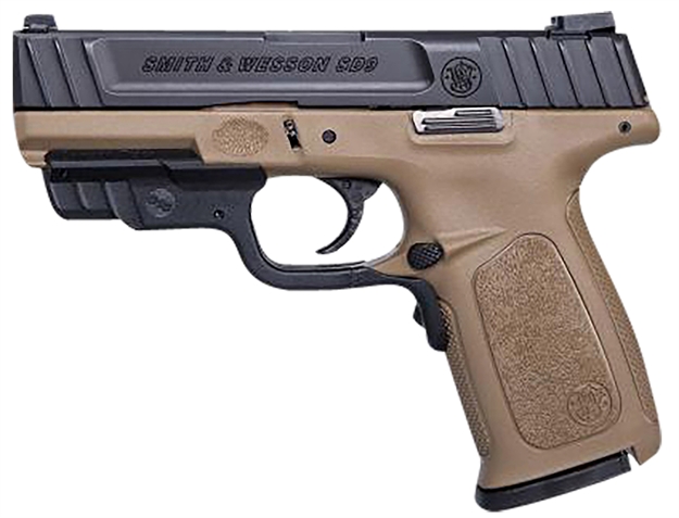 Picture of  Smith & Wesson 12400 Sd9  Compact Frame 9Mm Luger 17+1, 4" Black Armornite Stainless Steel Barrel & Serrated Slide, Flat Dark Earth Polymer Frame W/Picatinny Rail, Crimson Trace Laser