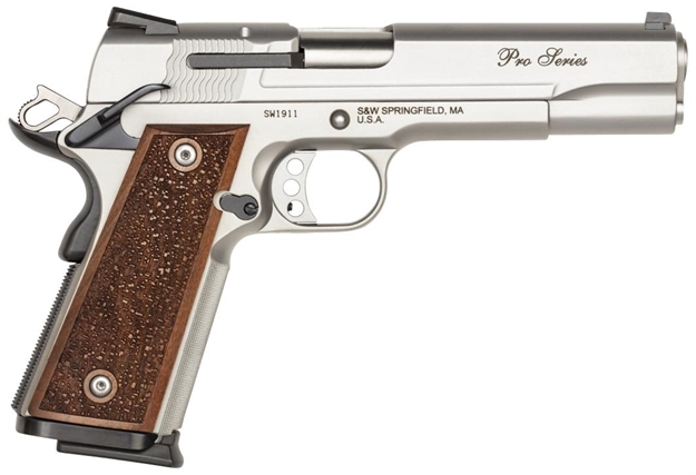 Picture of  Smith & Wesson 178017 1911 Performance Center Pro  Full Size Frame 9Mm Luger 10+1, 5" Stainless Steel Barrel, Matte Silver Serrated Stainless Steel Slide & Frame W/Beavertail, Wood Grip 022188780178