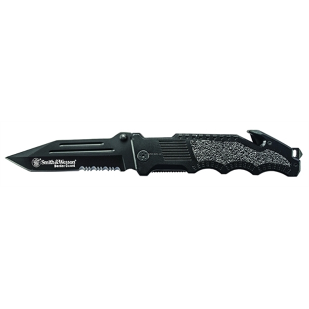 Picture of Smith & Wesson Border Guard Liner Lock Folding Knife, Black, 4.4" Part Serrated Tanto Blade, Aluminum Handle, Strap Cutter