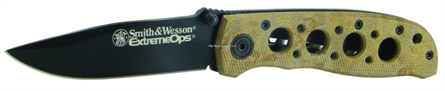 Picture of Smith & Wesson Extreme Ops Liner Lock Folding Knife, 3.19 Black Drop Point Blade, Desert Aluminum Handle, Belt Clip