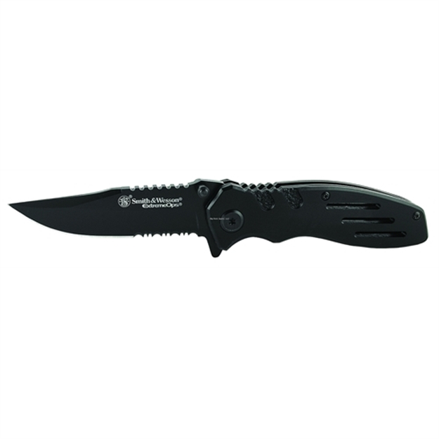 Picture of Smith & Wesson Extreme Ops Liner Lock Folding Knife, Black, 3.1" Partially Serrated Clip Point Blade, Alum Handle, Pocket Clip, Clam