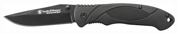 Picture of Smith & Wesson Extreme Ops Liner Lock Folding Knife, Black, 3.3" Clip Point Blade, Rubber Handle, Pocket Clip SWA25 028634705443