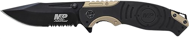 Picture of  Smith & Wesson Knives Swp13bscp M&P  3.50" Folding Drop Point Part Serrated Stonewashed 8Cr13mov SS Blade/Black & Tan Aluminum Handle Includes Pocket Clip 028634709267