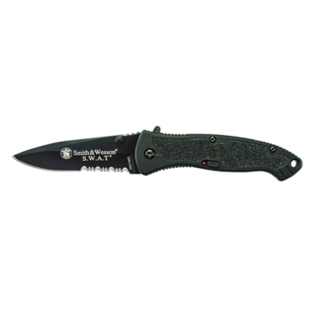Picture of Smith & Wesson Medium S.W.A.T. M.A.G.I.C. Assisted Opening Liner Lock Folding Knife, Black. 3.2" Part Serrated Blade, Pocket Clip SWATMBS