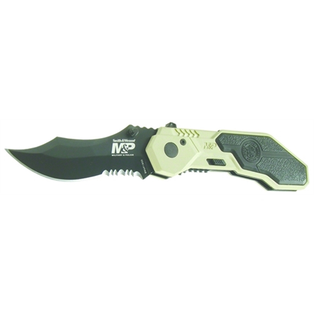 Picture of Smith & Wesson M&P M.A.G.I.C. Assisted Opening Liner Lock Folding Knife, 2.9" Part Serrated Clip Point Blade, Desert Hdl, Glass Break