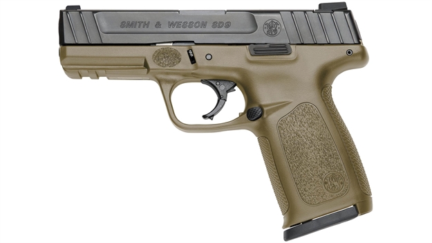 Picture of  Smith & Wesson 11998 Sd9  Compact Frame 9Mm Luger 16+1, 4" Black Armornite Stainless Steel Barrel & Serrated Slide, Flat Dark Earth Polymer Frame W/Picatinny Rail, Fde Textured Grip, NO Safety