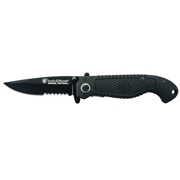 Picture of Smith & Wesson Special Tactical Liner Lock Folding Knife, Black, 3.5" Partially Serrated Drop Point Blade, Index Flipper, Pocket Clip