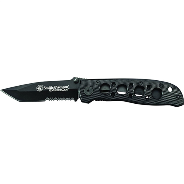 Picture of Smith & Wesson Extreme Ops Liner Lock Folding Knife, Black, 3.25" Tanto Blade, Aluminum Handle, Pocket Clip CK5TBS