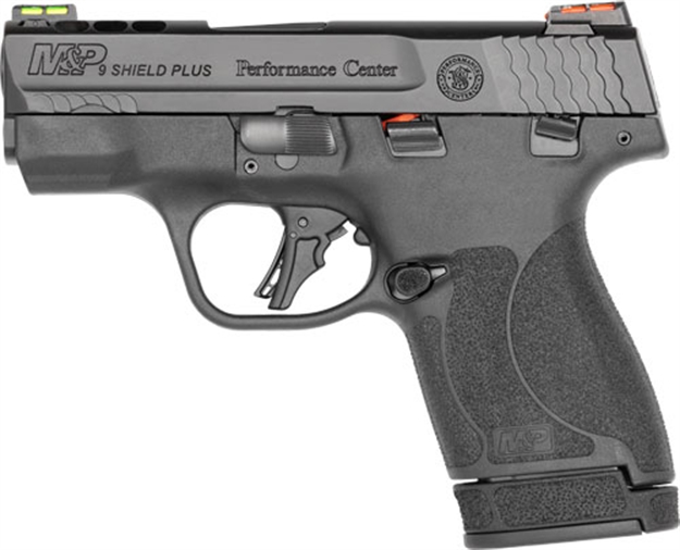 Picture of  Smith & Wesson 13254 M&P Performance Center Shield Plus 9Mm Luger 3.10" Ported Barrel 10+1 OR 13+1, Black Polymer Frame, Ported Armornite Slide, Fiber Optics Sights, Manual Safety