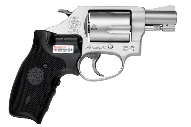 Picture of  Smith & Wesson 163052 Model 637 Airweight 38 S&W Spl +P Stainless Steel 1.88" Barrel & 5Rd Cylinder, Matte Silver Aluminum Alloy J-Frame, Black Polymer Grip Includes Crimson Trace Lg-305 Lasergrip 022188630527