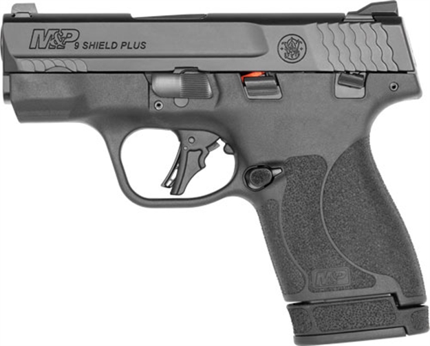 Picture of  Smith & Wesson 13246 M&P Shield Plus Micro-Compact Frame 9Mm Luger 13+1, 3.10" Black Armornite Stainless Steel Barrel & Serrated Slide, Matte Black Polymer Frame,  Thumb Safety