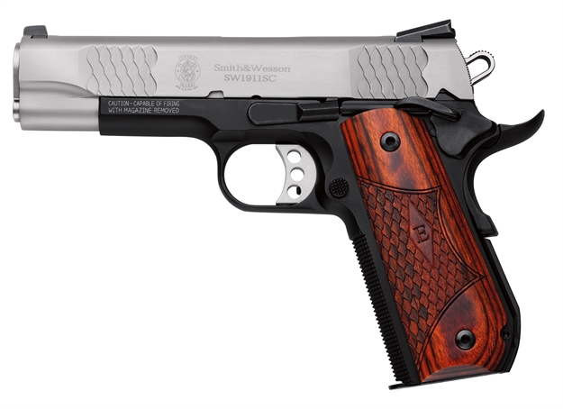 Picture of  Smith & Wesson 108485 1911 E-Series 45 Acp  4.25" Barrel 8+1, Black Round Butt Scandium Frame, Satin Stainless Steel Slide, Laminate Wood Grip, Manual Grip & Thumb Safety 022188084856