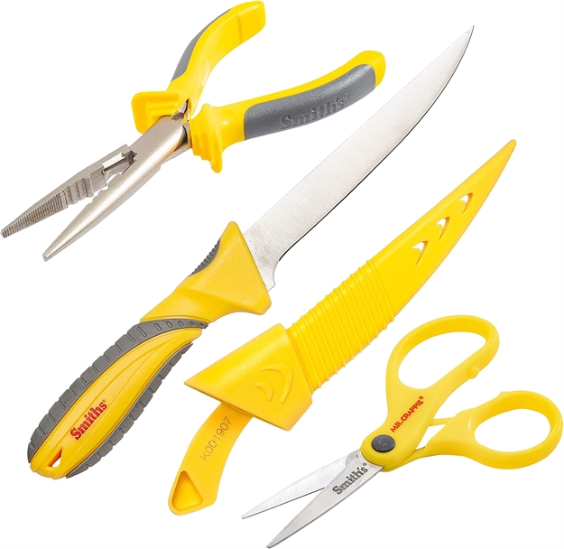 Picture of  Smiths Products 51232 Mr. Crappie Fishing Combo 6" Fixed Fillet Plain 400 Stainless Steel Blade Gray/Yellow Tpe Handle Features Braid Line Scissors/Pliers Includes Pliers/Scissors/Sheath
