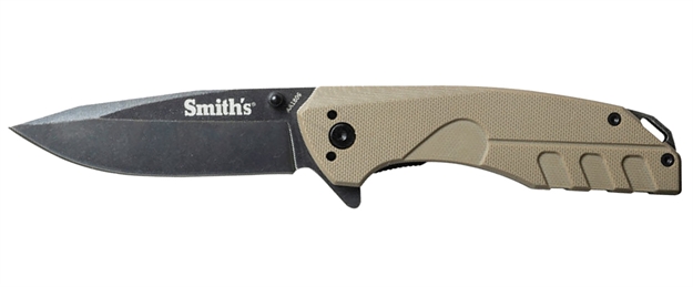 Picture of  Smiths Products 50995 Battleplan  3.35" Folding Drop Point Plain Black Stonewashed 400 SS Blade/ Desert Tan G10 Handle Includes Pocket Clip