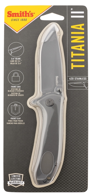 Picture of  Smiths Products 51010 Titania II 3.50" Folding Drop Point Plain Satin Titanium Coated Stainless Steel Blade/Stainless Steel Handle Includes Pocket Clip