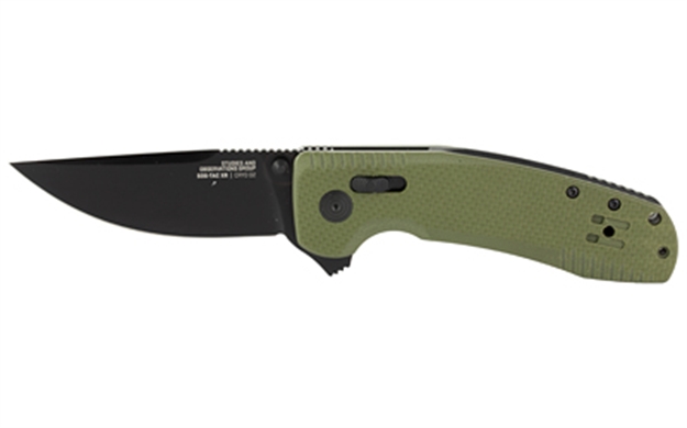 Picture of S.O.G Sog12380241 Sog-Tac XR 3.39" Folding Clip Point Plain Black Tini Cryo D2 Steel Blade OD Green G10 Handle Includes Pocket Clip SOG-12-38-02-41 729857010351