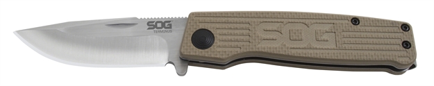 Picture of Sog Knives Terminus Folding Knife, 3" Satin Clip Point Stainless Blade, Tan G10 Handle, Boxed
