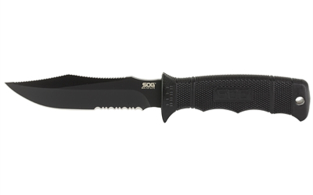 Picture of S.O.G Soge37tk Seal Pup Elite 4.85" Fixed Clip Point Part Serrated Black Hardcased Ticn Aus-8A SS Blade/Black W/Grip Lines Grn Handle Includes Lanyard/Sheath SOG-E37T-K 729857991506