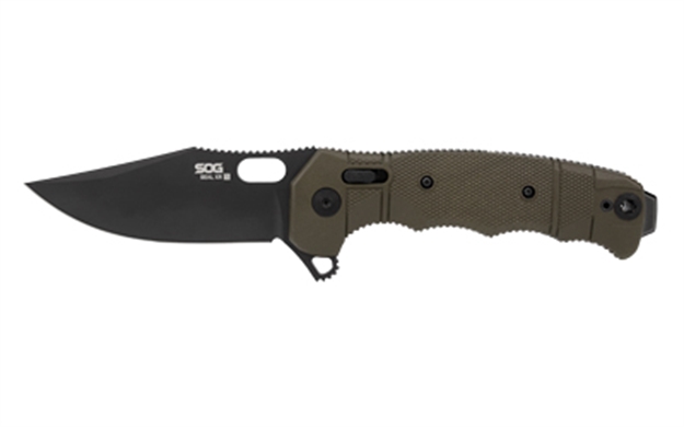 Picture of S.O.G Sog12211357 Seal XR 3.90" Folding Clip Point Plain Black Magnacut Blade, Black Textured Grn/Titanium Handle SOG-12-21-13-57