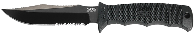 Picture of S.O.G Soge37tk Seal Pup Elite 4.85" Fixed Clip Point Part Serrated Black Hardcased Ticn Aus-8A SS Blade/Black W/Grip Lines Grn Handle Includes Lanyard/Sheath SOG-E37T-K