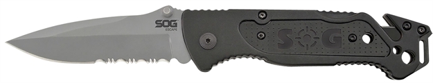 Picture of  S.O.G Sog-Ff24-Cp Escape  3.40" Folding Clip Point Part Serrated Bead Blasted 9Cr18mov SS Blade Black Anodized Aluminum Handle Includes Belt Clip