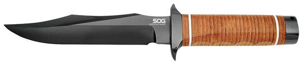 Picture of S.O.G Sogsb1tl Super Sog  7.50" Fixed Bowie Plain Black Hardcased Ticn Aus-8A SS Blade Brown Stacked Leather Washers W/Cross Guard Handle Includes Sheath SOG-SB1T-L 729857990677