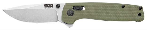 Picture of S.O.G Sogtm1022bx Terminus XR 2.95" Folding Clip Point Plain Stonewashed Bd1 Steel Blade Olive Drab Textured G10 Handle Features Box Packaging Includes Pocket Clip TM1022-BX