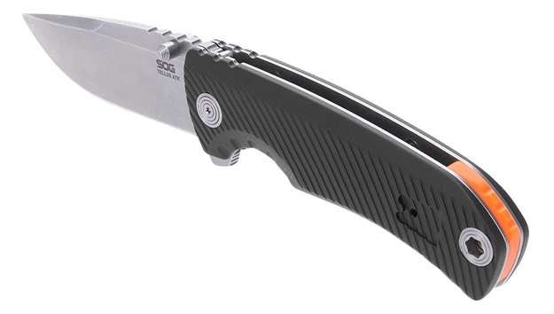 Picture of  S.O.G Sog11060243 Tellus Atk 3.50" Folding Clip Point Plain Stonewashed Cryo 440C SS Blade/ Black Textured W/Orange Backspacer Grn Handle Includes Belt Clip