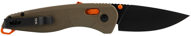 Picture of S.O.G Sog11410641 Aegis AT 3.13" Folding Drop Point Plain Black Tini Cryo D2 Steel Blade, Tan W/Blaze Orange Accents Grn Handle, Peg Box Pkg SOG-11-41-06-41 729857011112
