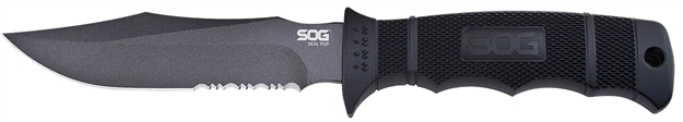 Picture of  S.O.G Sogm37k Seal Pup  4.75" Fixed Clip Point Part Serrated Powder Coated Aus-8A SS Blade Black W/Raised Diamond Pattern Grn Handle Includes Sheath