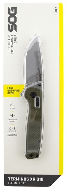 Picture of  S.O.G Sogtm1022cp Terminus XR 2.95" Folding Plain Clip Point Stone Washed D2 Steel Blade/Olive Drab Textured G10 Handle