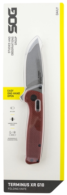 Picture of  S.O.G Sogtm1023cp Terminus XR 2.95" Folding Clip Point Plain Stonewashed D2 Steel Blade Crimson Textured G10 Handle Includes Pocket Clip
