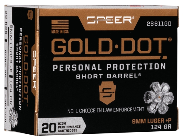 Picture of  Speer 23611Gd Gold Dot Personal Protection Short Barrel 9Mmluger+P 124Gr Hollow Point 20 Per Box/10 Case