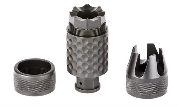 Picture of  Spikes Tactical Sakb0200 Barking Spider2 Muzzle Brake Black Nitride 4140 Chromoly Steel With 5/8"-24 Tpi Threads, 3.75" Oal & 1.40" Diameter For 30 Cal 855319005983